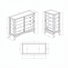 Technical drawing of the Surya Marin Bookcase, showing front, side, and top views with dimensions.