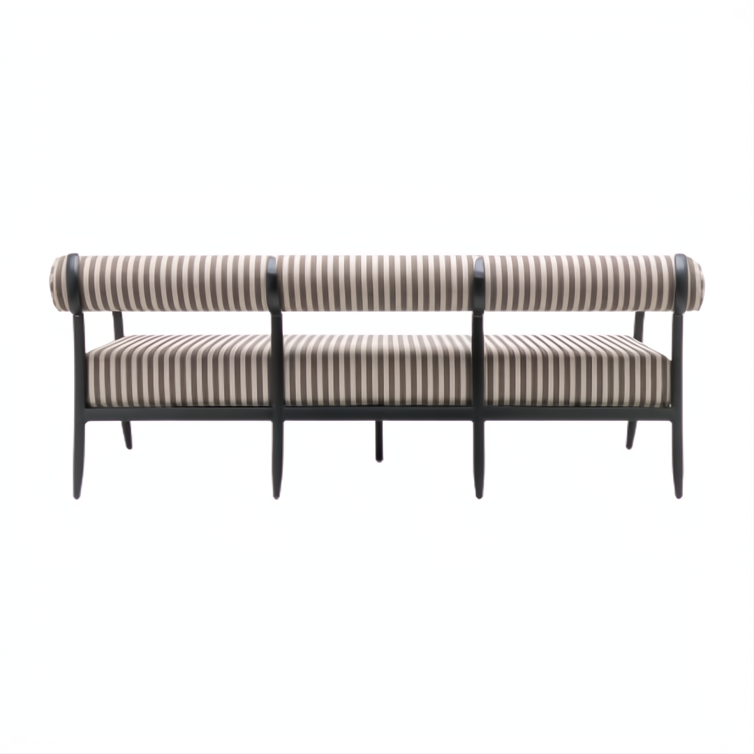 Surya Antibes outdoor sofa with brown and beige stripes, black aluminum frame, and channel stitch detail.