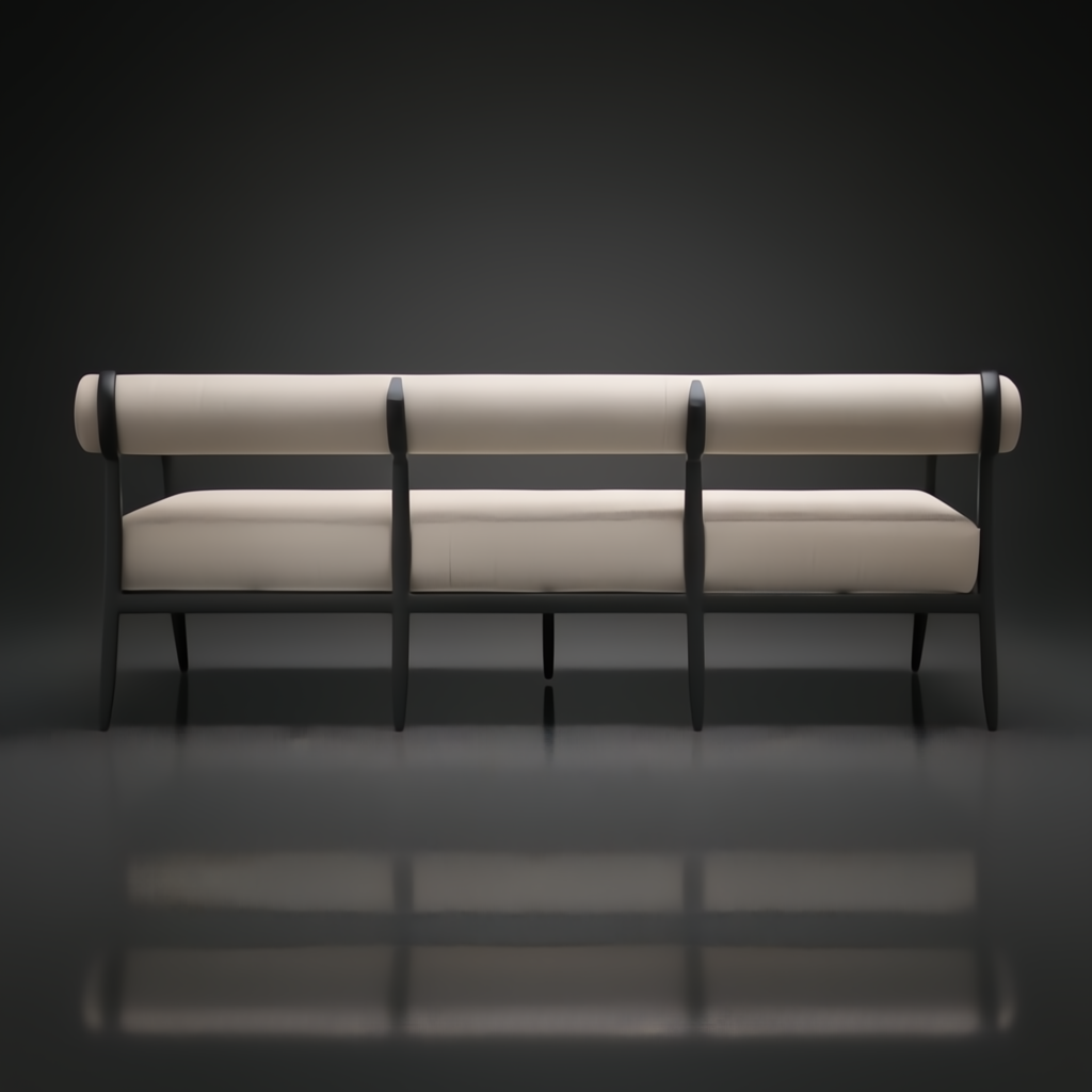 Surya Antibes 81" wide outdoor sofa with light beige Sunbrella upholstery and dark aluminum frame.