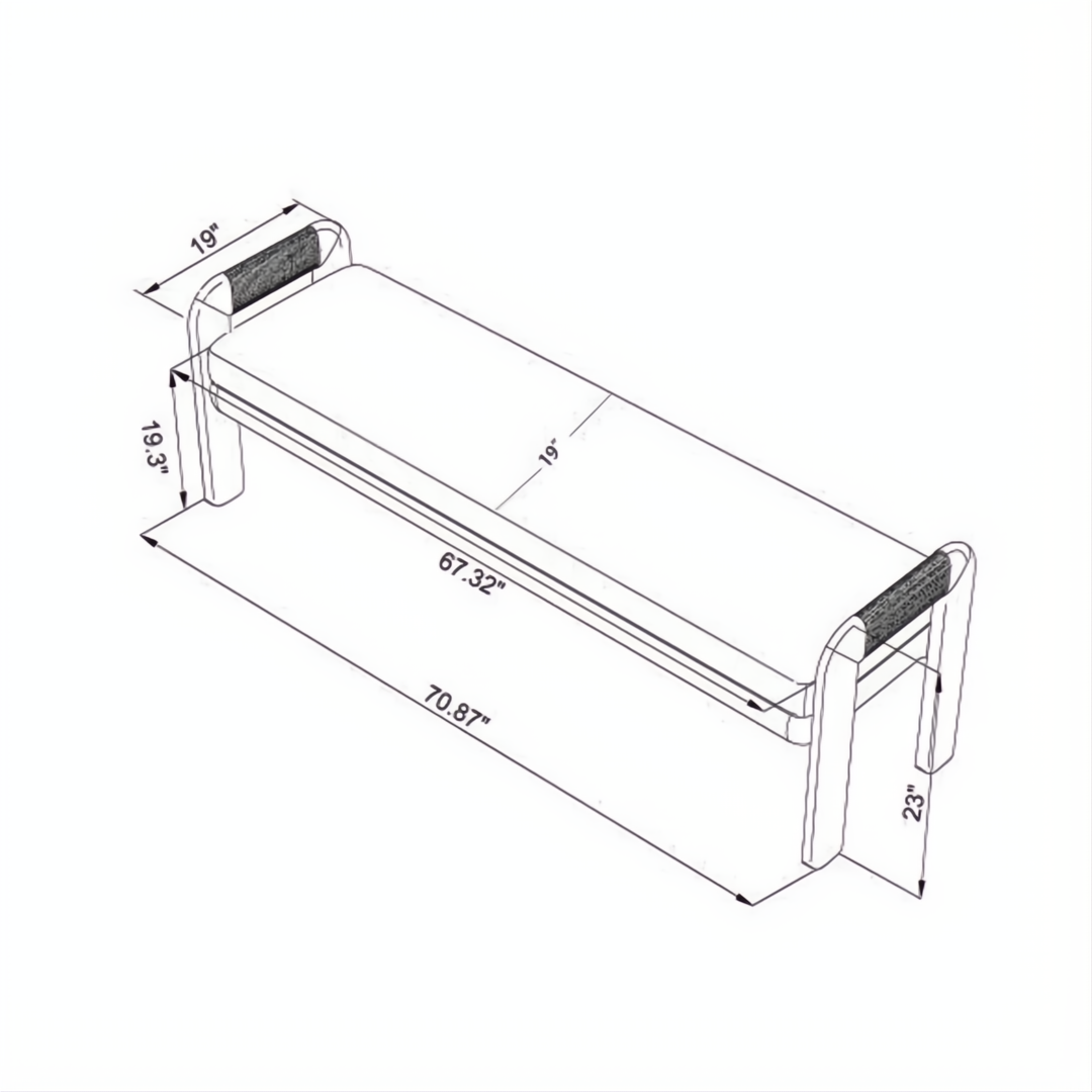 Line drawing of the Surya Palma Bench, showing its 71"W x 19"D x 23"H dimensions.