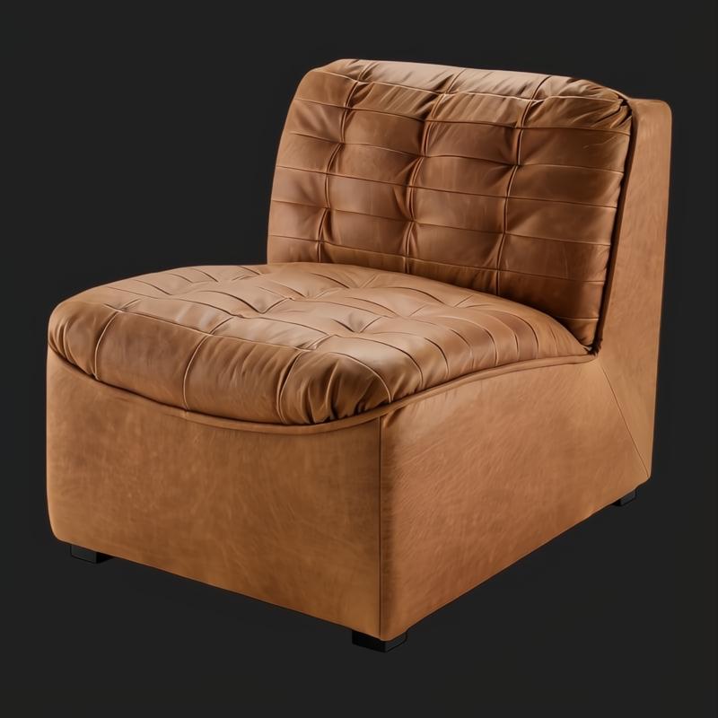 Surya Oryan RYAN-001 modular chair with brown leather upholstery, knife-edge design, and black rubber wood base.