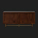 Scandinavian modern sideboard with brown stained oak veneer top and metallic brass powder-coated steel base.