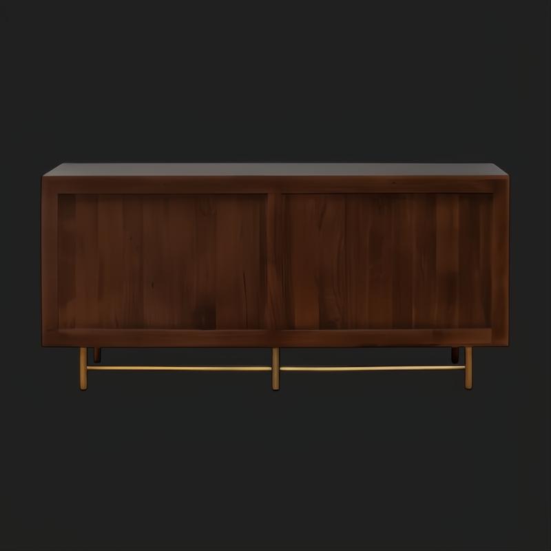 Scandinavian modern sideboard with brown stained oak veneer top and metallic brass powder-coated steel base.