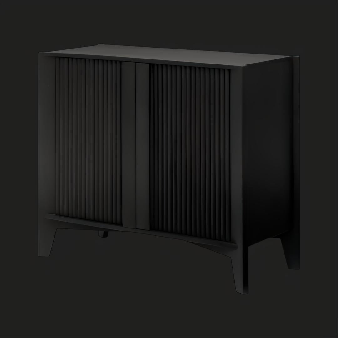 Surya Ronan RNO-002 black mango wood cabinet with modern fluted soft-close doors and tapered legs.