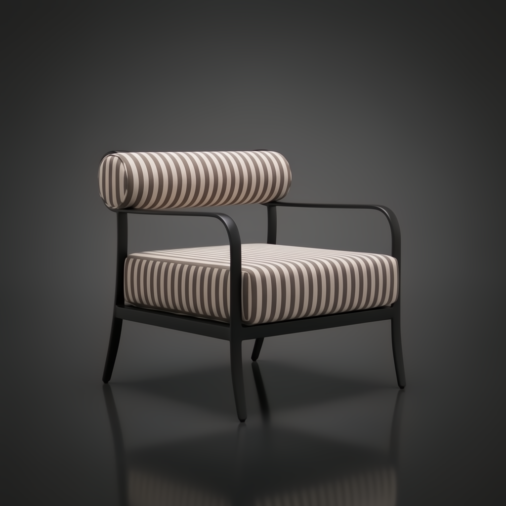 Surya Antibes accent chair with black aluminum frame and striped Sunbrella cushion.
