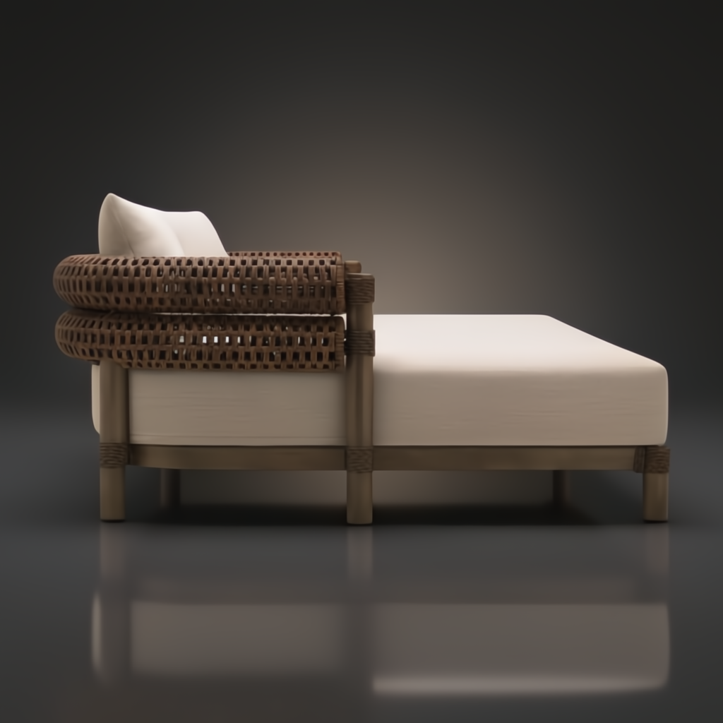 Surya Porta Daybed: Brown hand-painted aluminum base, handwoven PE wicker, and cream Sunbrella® cushion.
