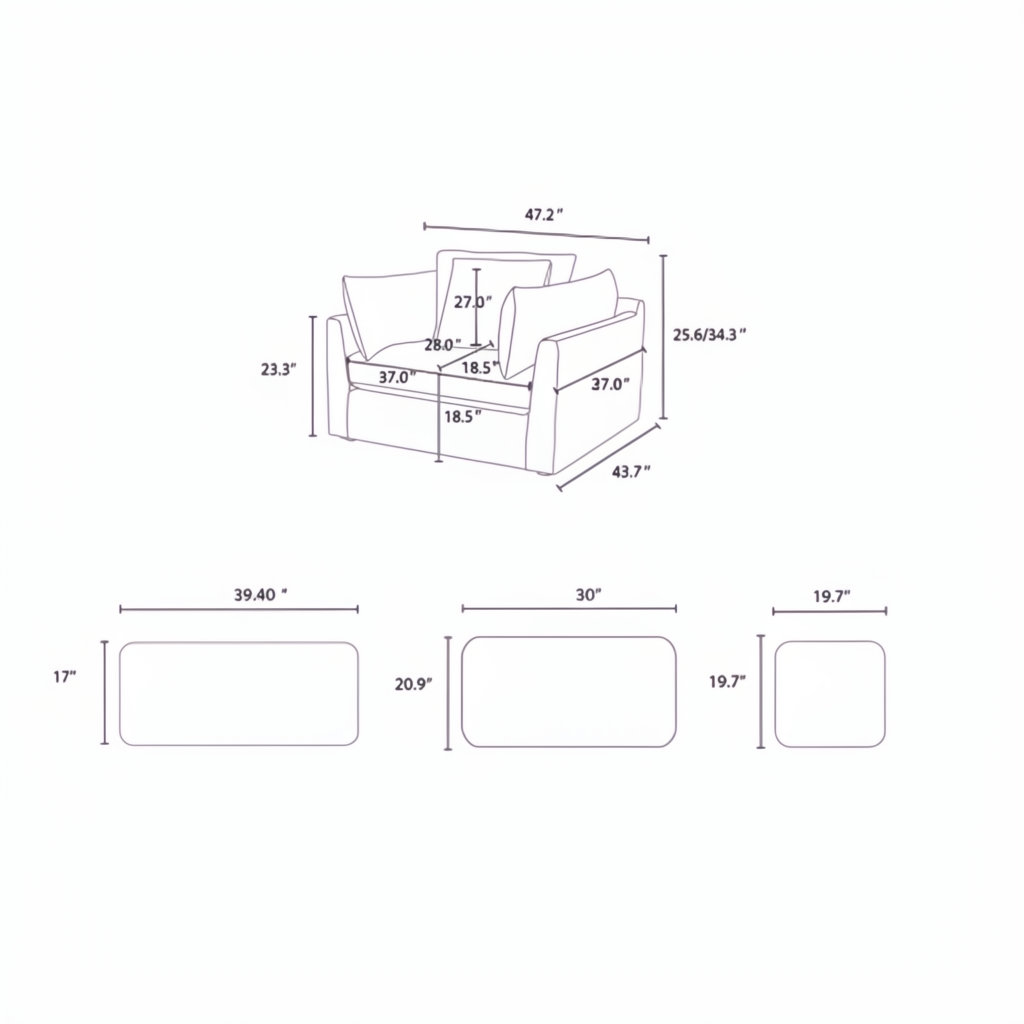 Diagram of the Surya Capitola Accent Chair showing dimensions for the chair and three pillows.