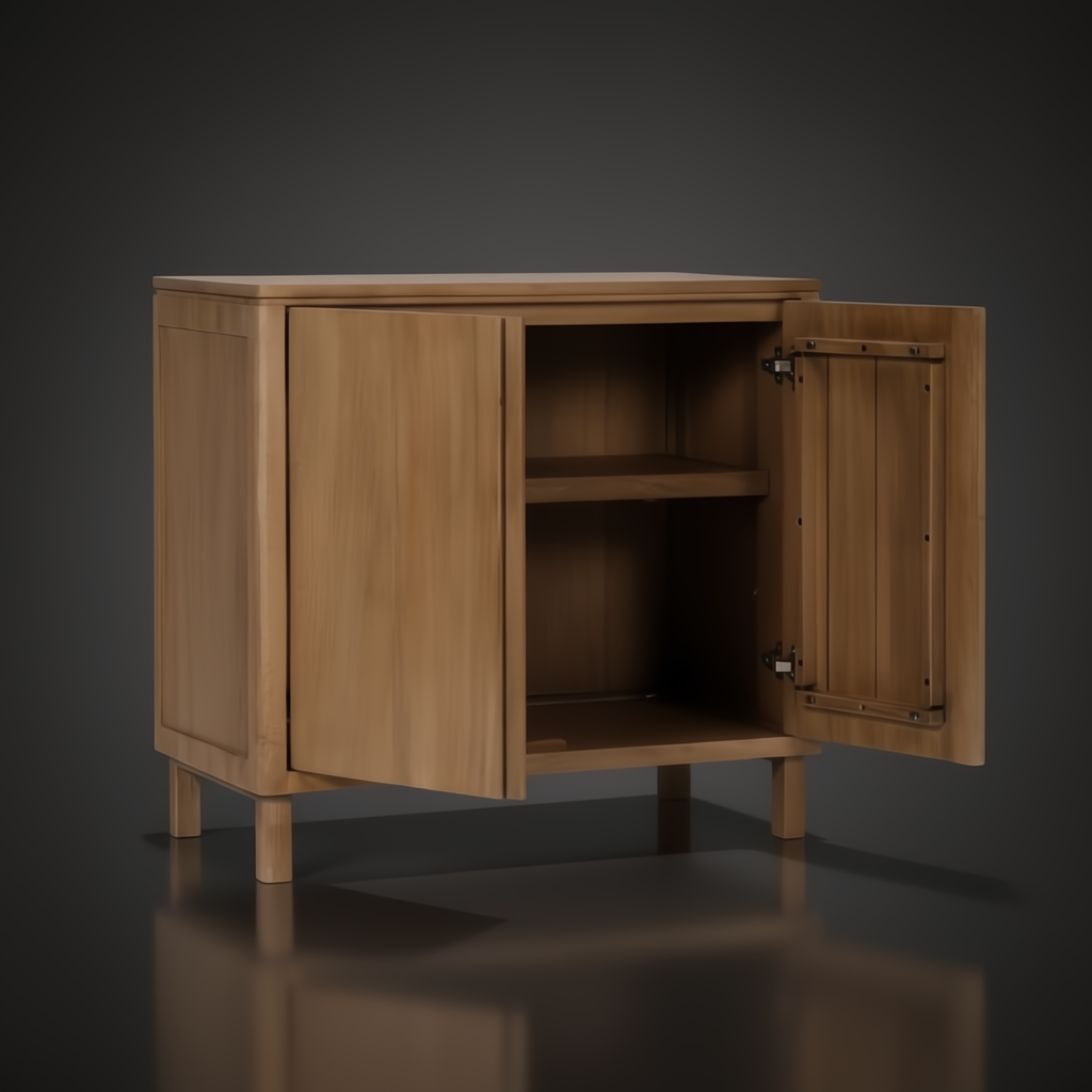 Surya Silas Scandinavian modern mango wood cabinet with brown stained finish, one door open revealing shelves.