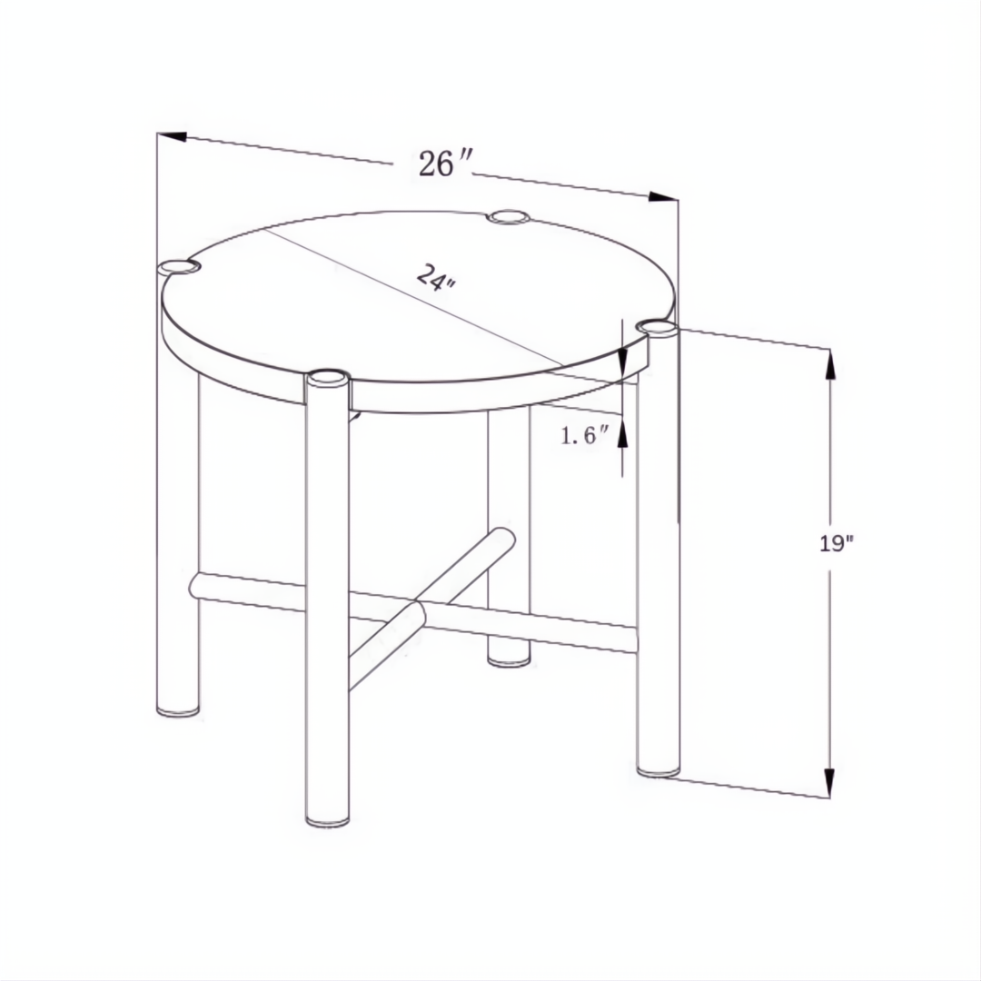 Line drawing of the Surya Porta End Table, showing its round top, four legs, and cross-base support with dimensions.