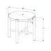 Line drawing of the Surya Porta End Table, showing its round top, four legs, and cross-base support with dimensions.