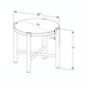 Line drawing of the Surya Porta End Table, showing its round top, four legs, and cross-base support with dimensions.