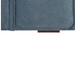 Close-up of a navy polyester sofa with a ribbed texture and a brown rubber wood base.