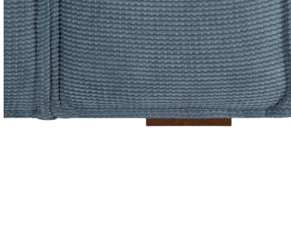 Close-up of a navy polyester sofa with a ribbed texture and a brown rubber wood base.