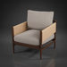 Surya Brielle accent chair with camel polyester upholstery, stained ash wood frame, and woven armrests.