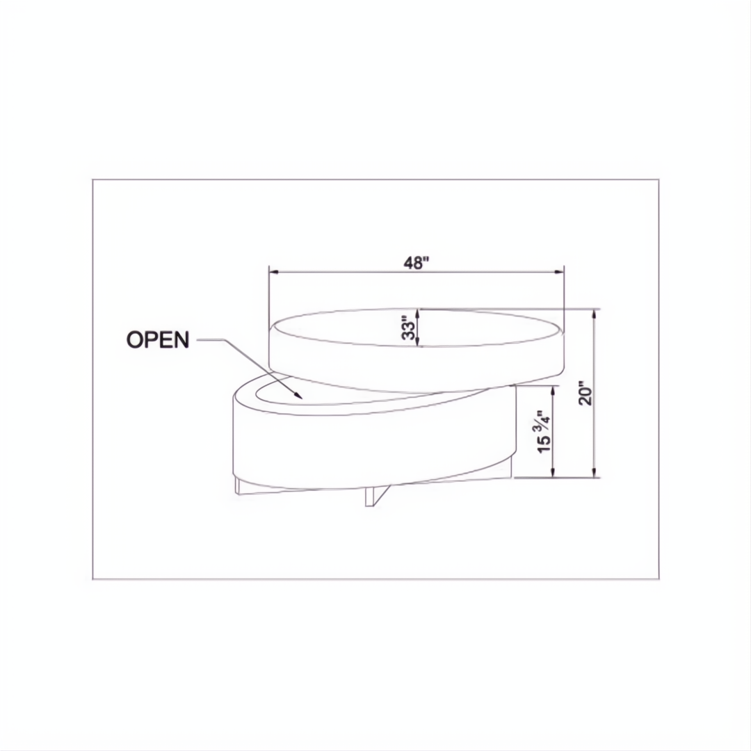Line drawing of the Surya Corson Storage Ottoman, showing its 48"W x 20"H dimensions and open storage.