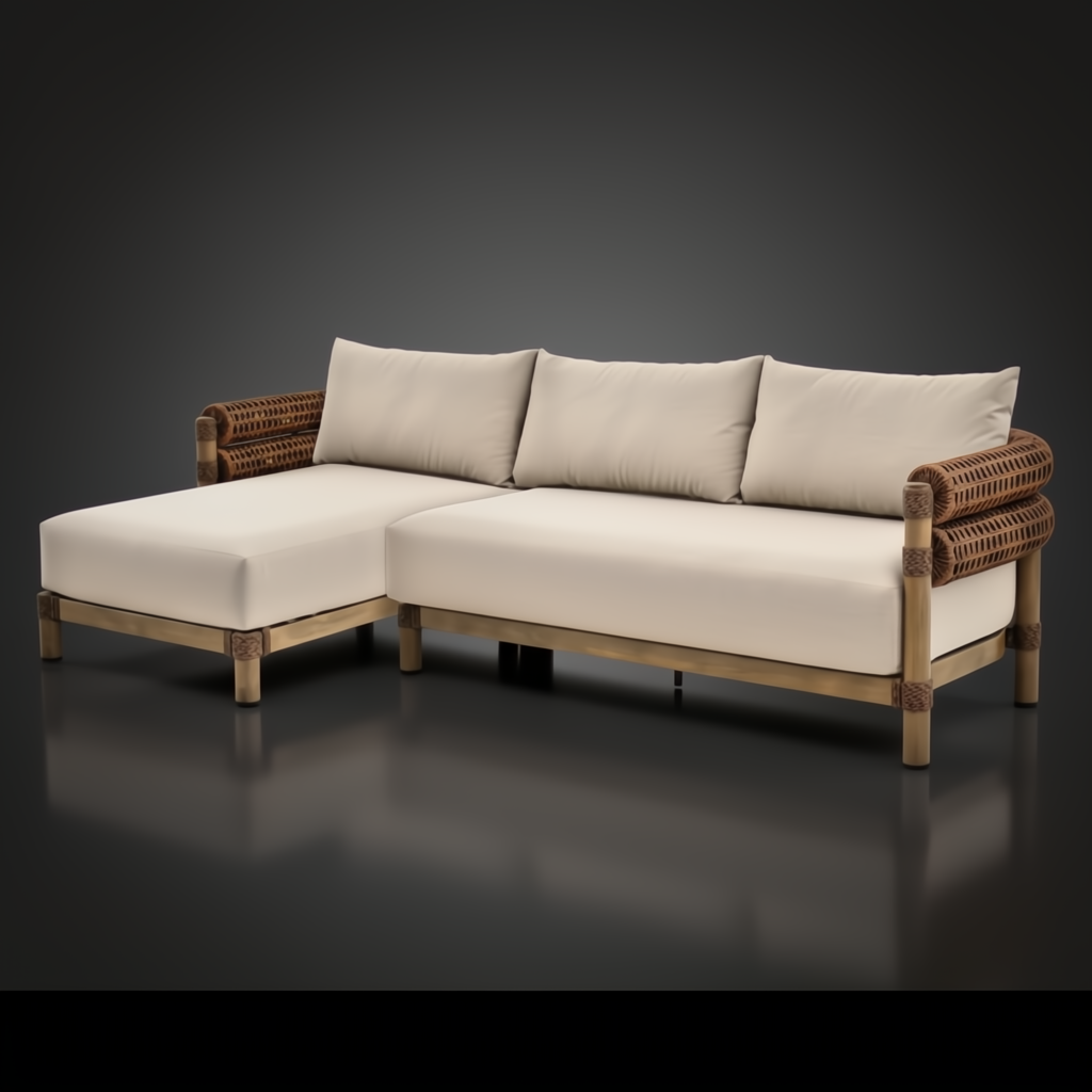 Brown Surya Porta sectional with left arm chaise, beige Sunbrella cushions, and woven rattan arms.