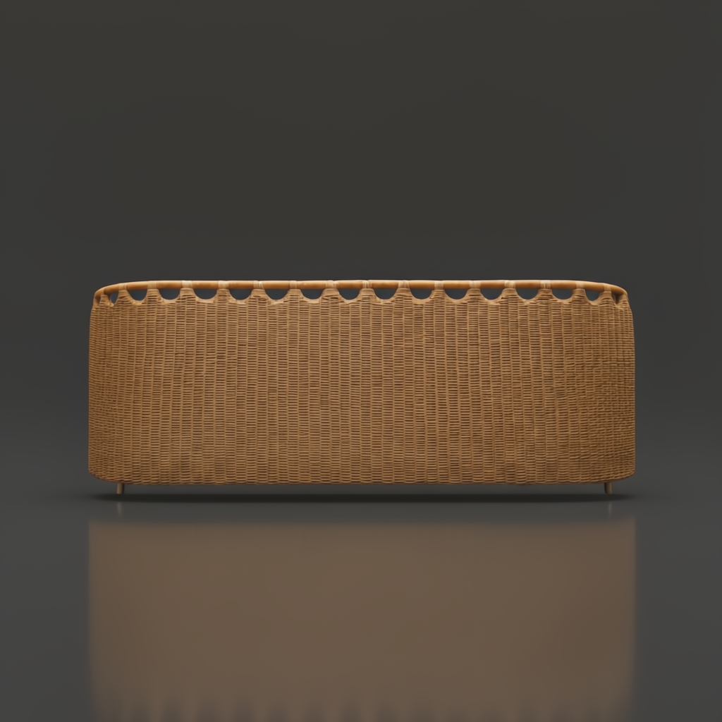 Woven light brown rattan headboard with a scalloped top edge, on a dark gray background.