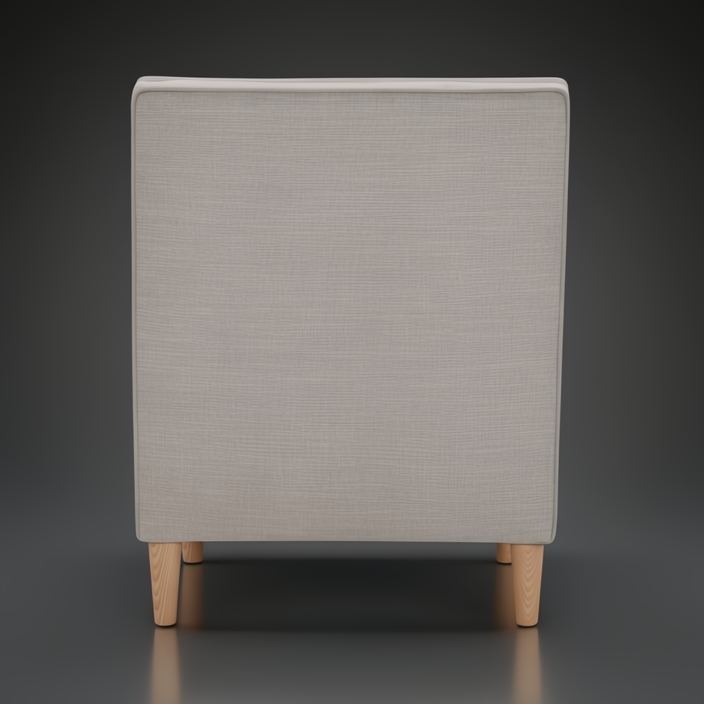 Light gray upholstered banquette chair with natural ash wood legs, back view.
