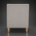 Light gray upholstered banquette chair with natural ash wood legs, back view.