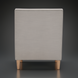 Light gray upholstered banquette chair with natural ash wood legs, back view.