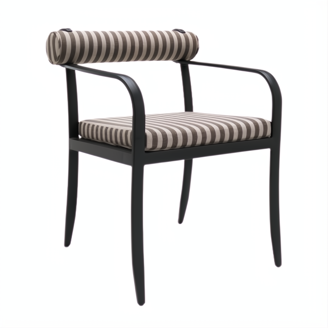 Surya Antibes dining arm chair with multi-color striped Sunbrella upholstery and black aluminum frame.