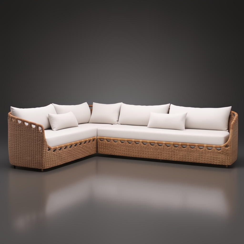 Marvella outdoor sectional with light brown woven base, dark brown aluminum frame, and cream Sunbrella cushions.
