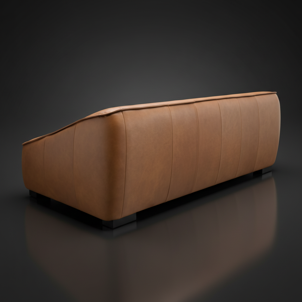 Back view of a spacious brown leather Surya Alba sofa with a refined design and dark feet.
