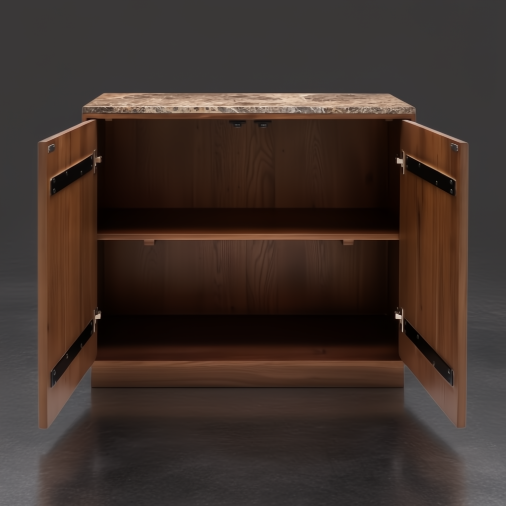 Mid-century modern brown white oak cabinet with marble top, open doors revealing two interior shelves.