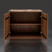 Mid-century modern brown white oak cabinet with marble top, open doors revealing two interior shelves.