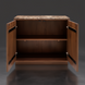 Mid-century modern brown white oak cabinet with marble top, open doors revealing two interior shelves.