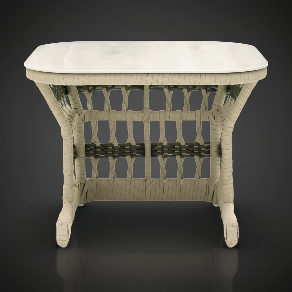 Surya Winder outdoor end table with cream aluminum top and handwoven PE rope detail.
