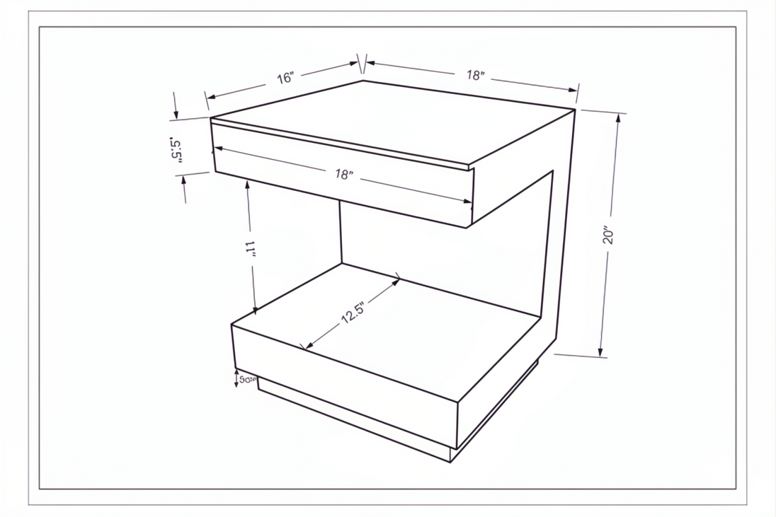 Surya Coburn end table technical drawing with 20"H x 18"W x 16"D dimensions and open storage.