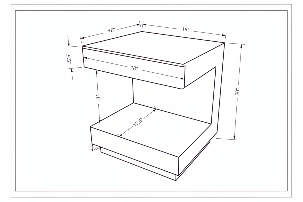 Surya Coburn end table technical drawing with 20"H x 18"W x 16"D dimensions and open storage.