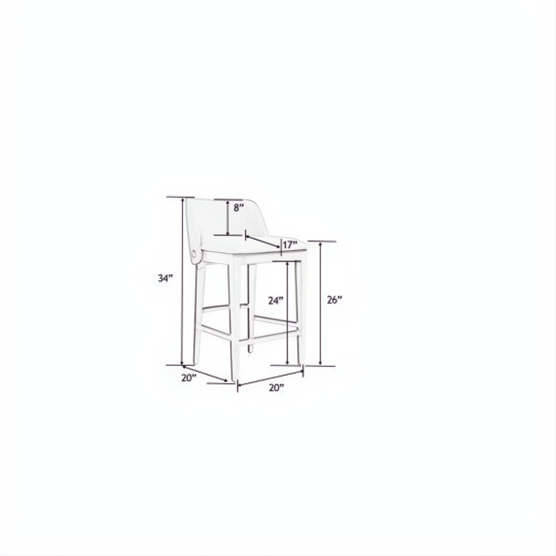 Line drawing of Surya Brooke Counter Stool with dimensions: 34"H x 20"W x 20"D, 17" seat depth.