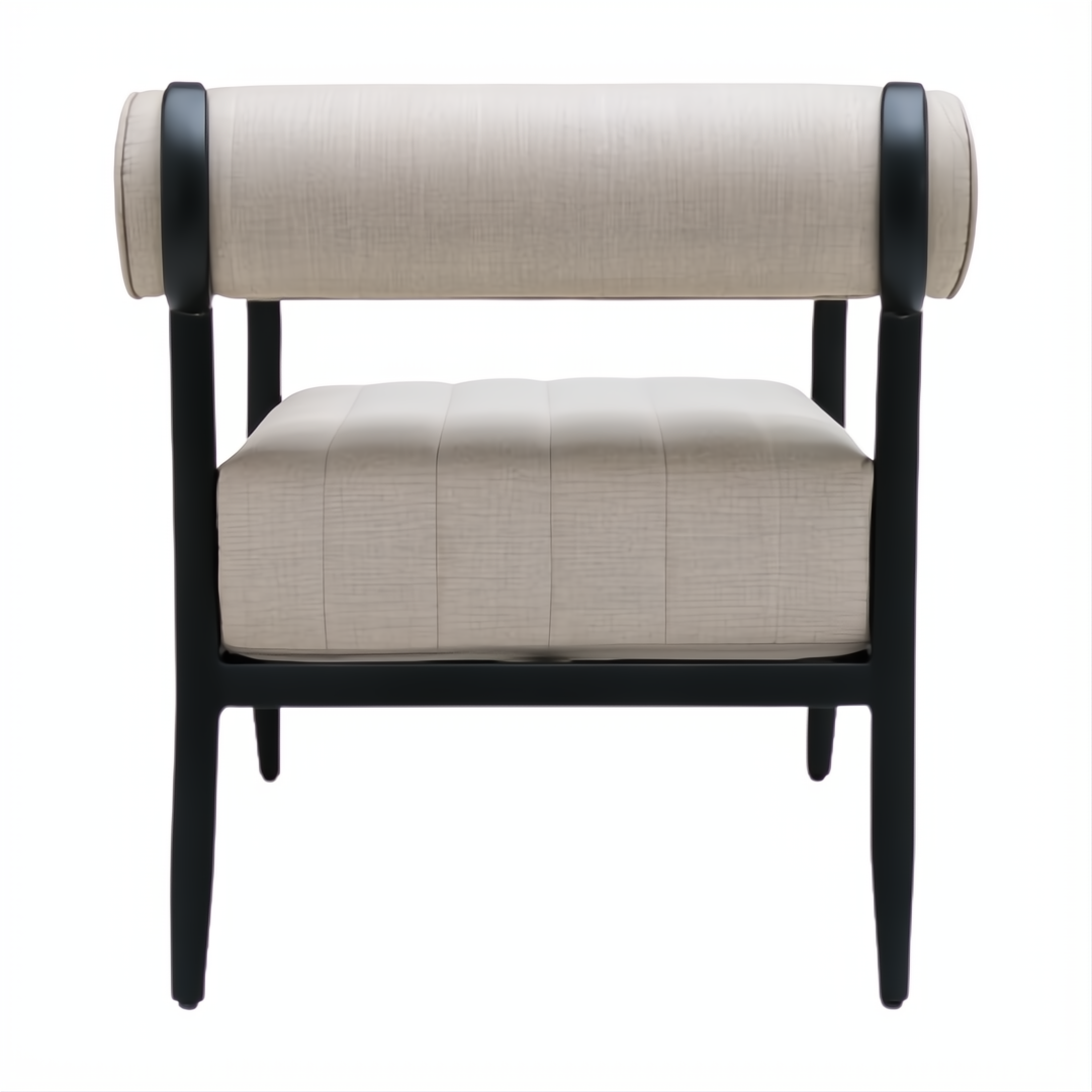 Surya Antibes ANTE-001 outdoor accent chair with beige Sunbrella fabric, quick-dry foam, and black aluminum frame.