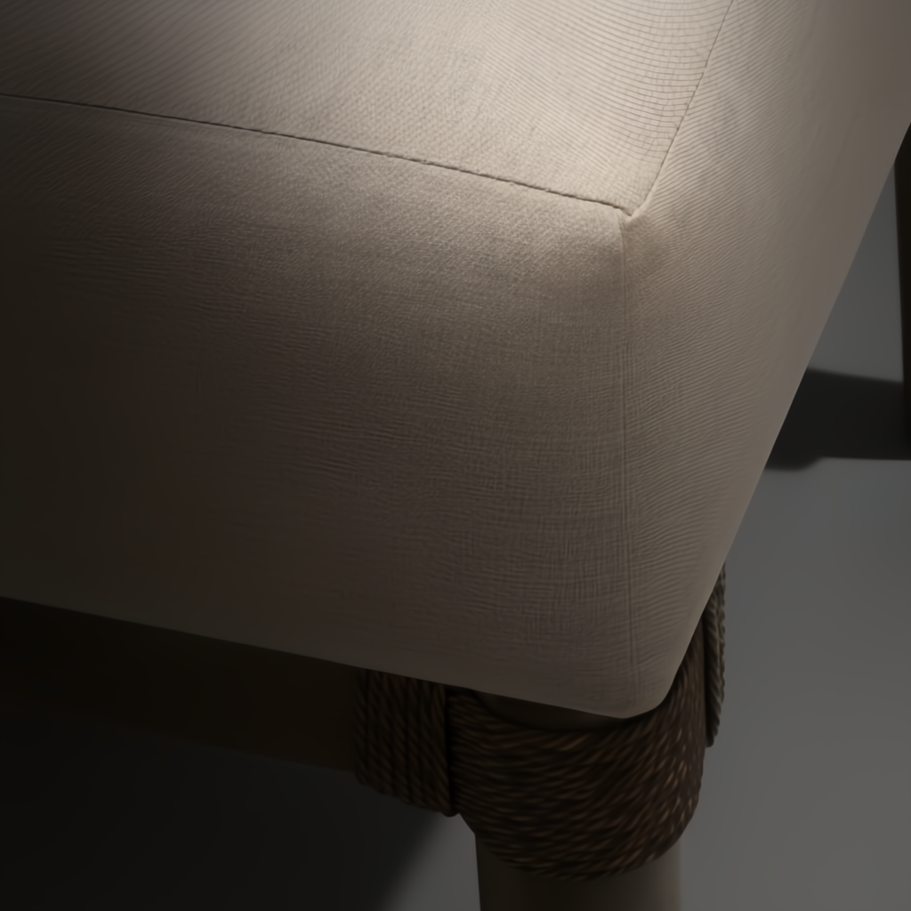 Close-up of a Surya Porta sectional's brown Sunbrella cushion and rope-wrapped aluminum leg.