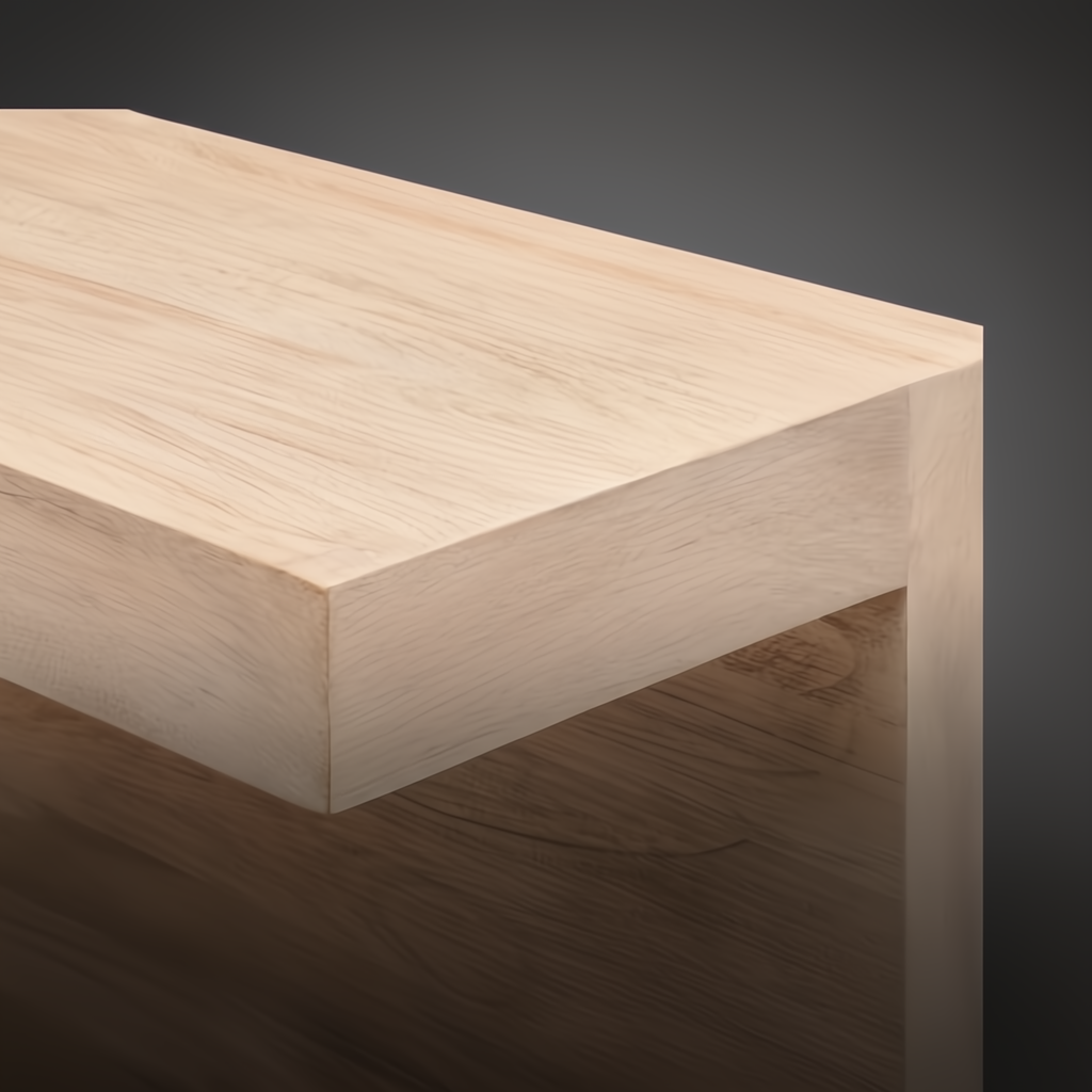 Close-up of a light brown lacquered mango wood console table with visible wood grain.