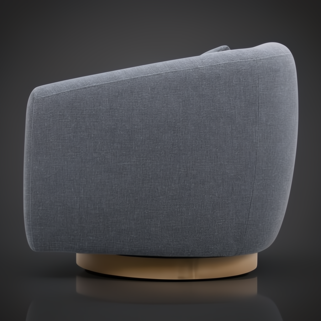 Blue-gray Surya Loma swivel chair with a natural ash wood base, side view.
