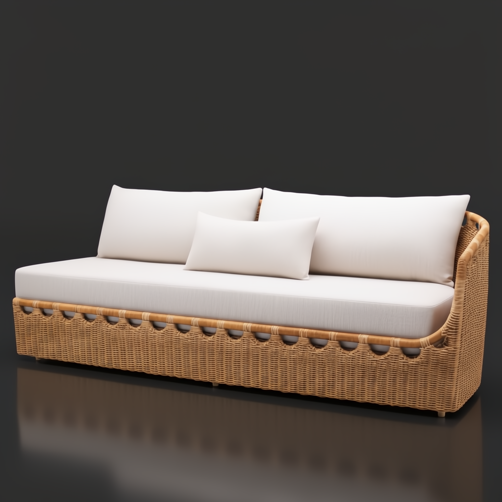 Marvella outdoor sectional right arm sofa with light beige Sunbrella cushions and a woven rattan base.