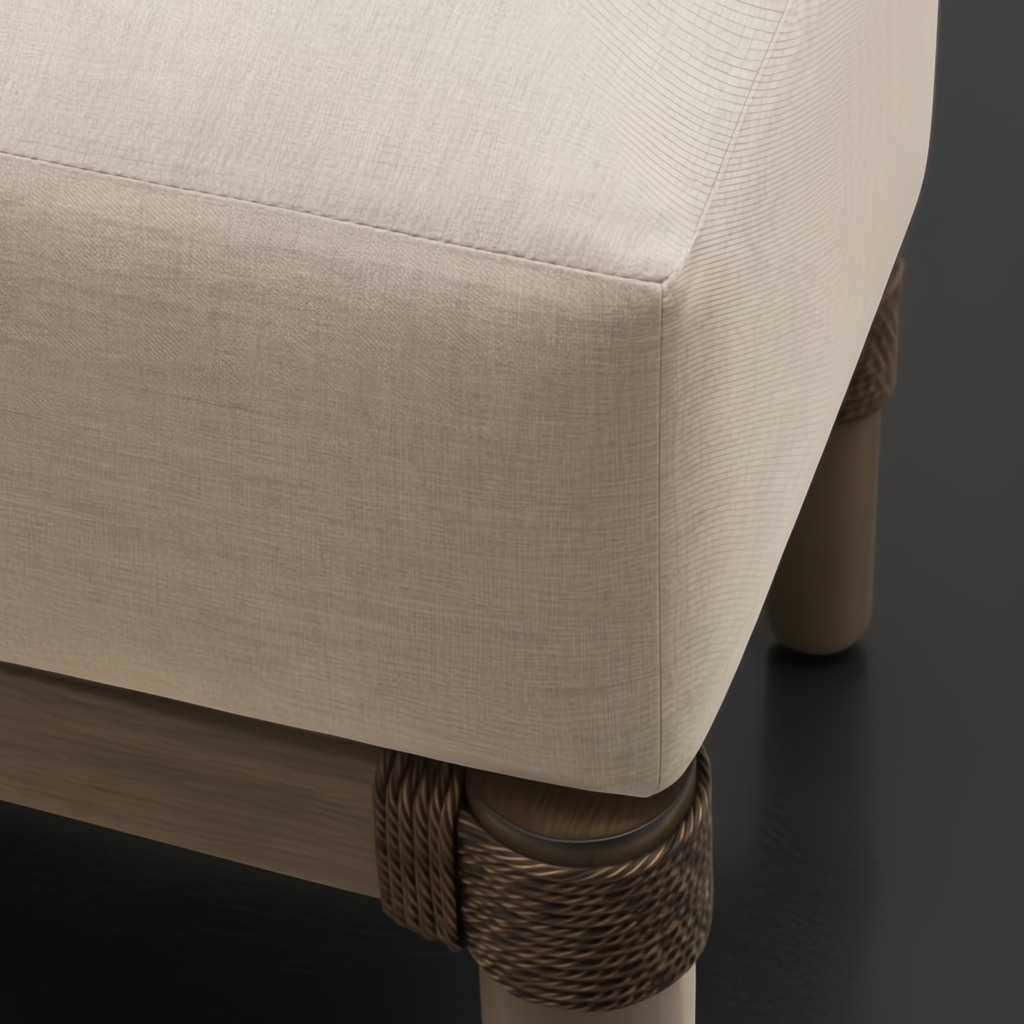Surya Porta Daybed with a light beige Sunbrella® acrylic cushion, brown hand-painted aluminum base, and handwoven PE wicker detail.
