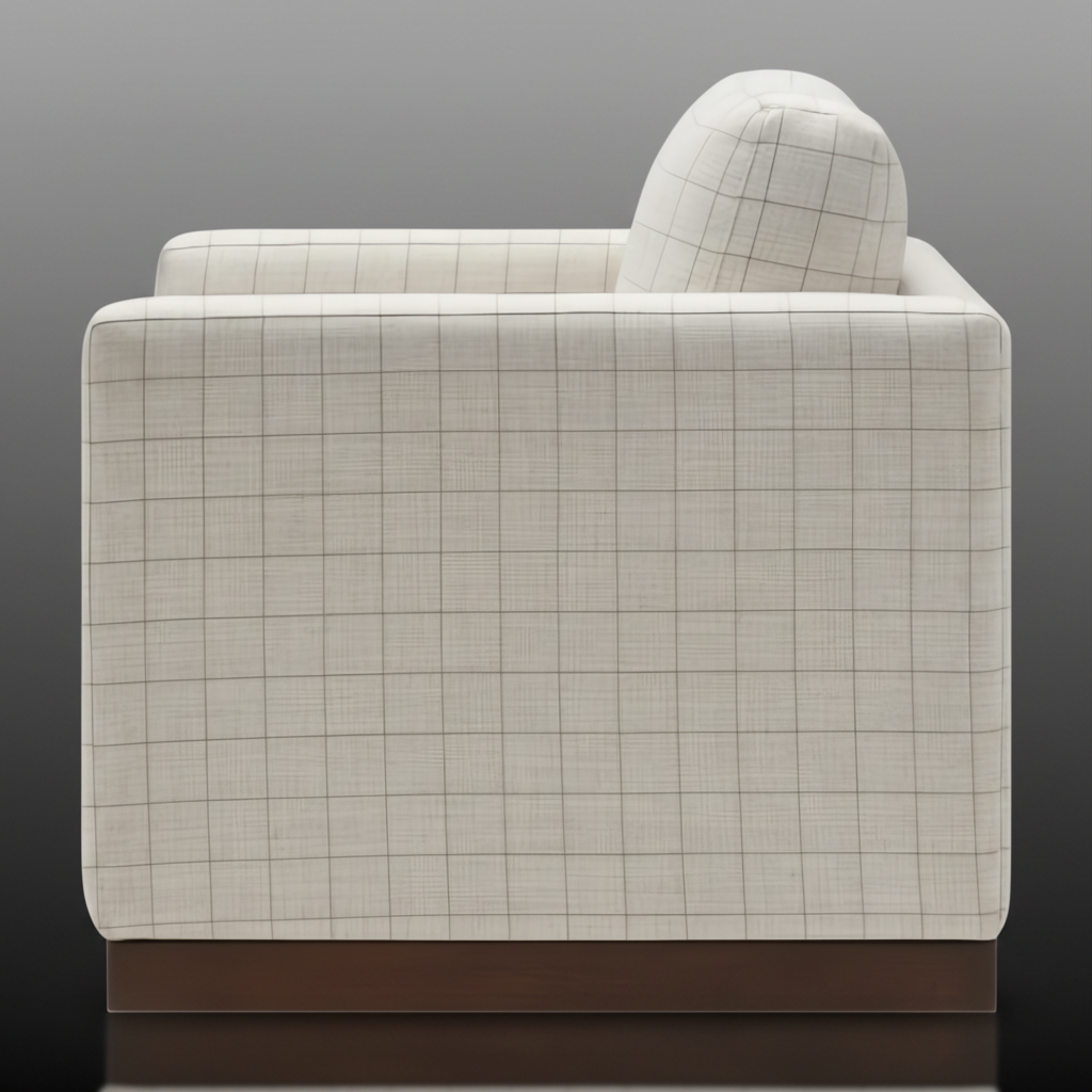 Surya Glendon swivel chair, light beige polyester-linen with subtle grid pattern and brown rubber wood base.