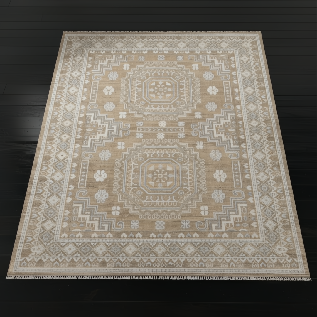 Hand-knotted Surya Almeria rug with mustard, gray, blue, beige, cream, and black geometric patterns.