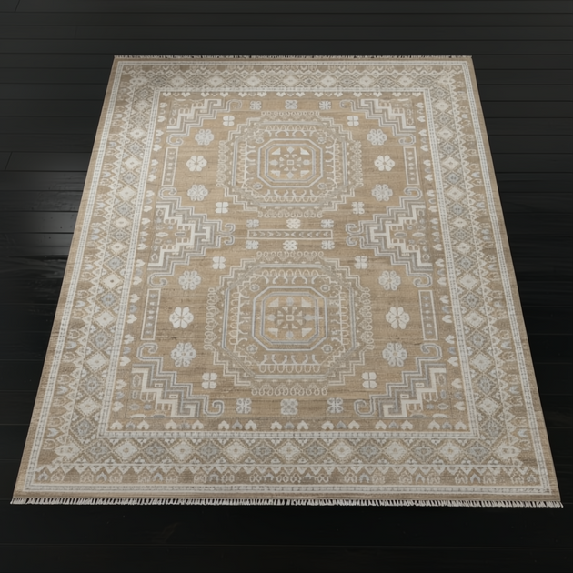 Hand-knotted Surya Almeria rug with mustard, gray, blue, beige, cream, and black geometric patterns.