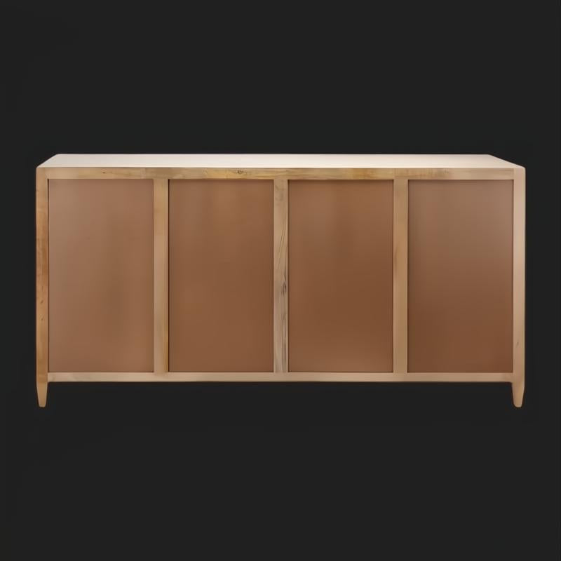Modern Surya Etewah sideboard with a light mango wood frame and four brown rattan doors.