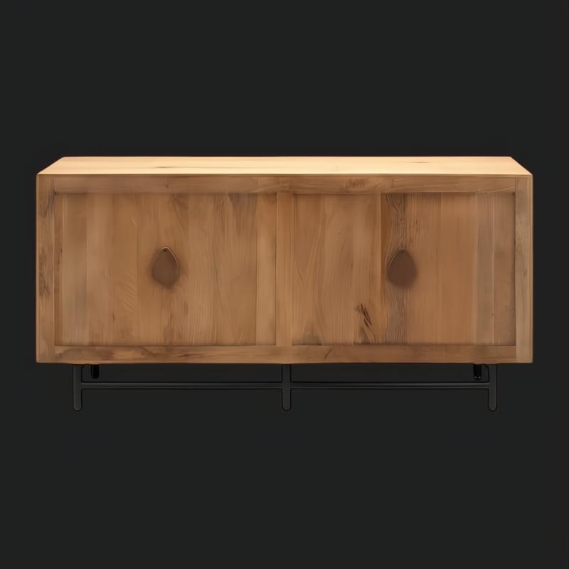 Modern mango wood and rattan sideboard with brown and tan finish, black metal base, and magnetic door catches.
