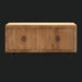 Modern mango wood and rattan sideboard with brown and tan finish, black metal base, and magnetic door catches.