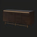 Surya Molander Sideboard: Brown stained oak veneer top, metallic brass steel, 4 soft-close doors, Scandinavian modern style.