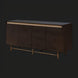 Surya Molander Sideboard: Brown stained oak veneer top, metallic brass steel, 4 soft-close doors, Scandinavian modern style.