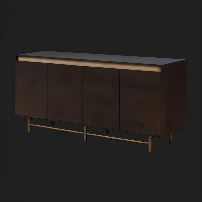 Surya Molander Sideboard: Brown stained oak veneer top, metallic brass steel, 4 soft-close doors, Scandinavian modern style.