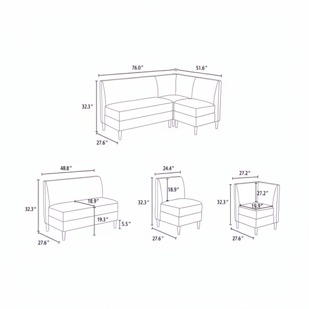 Line drawing of the Surya Stinson Banquette Chair and coordinating pieces with dimensions.